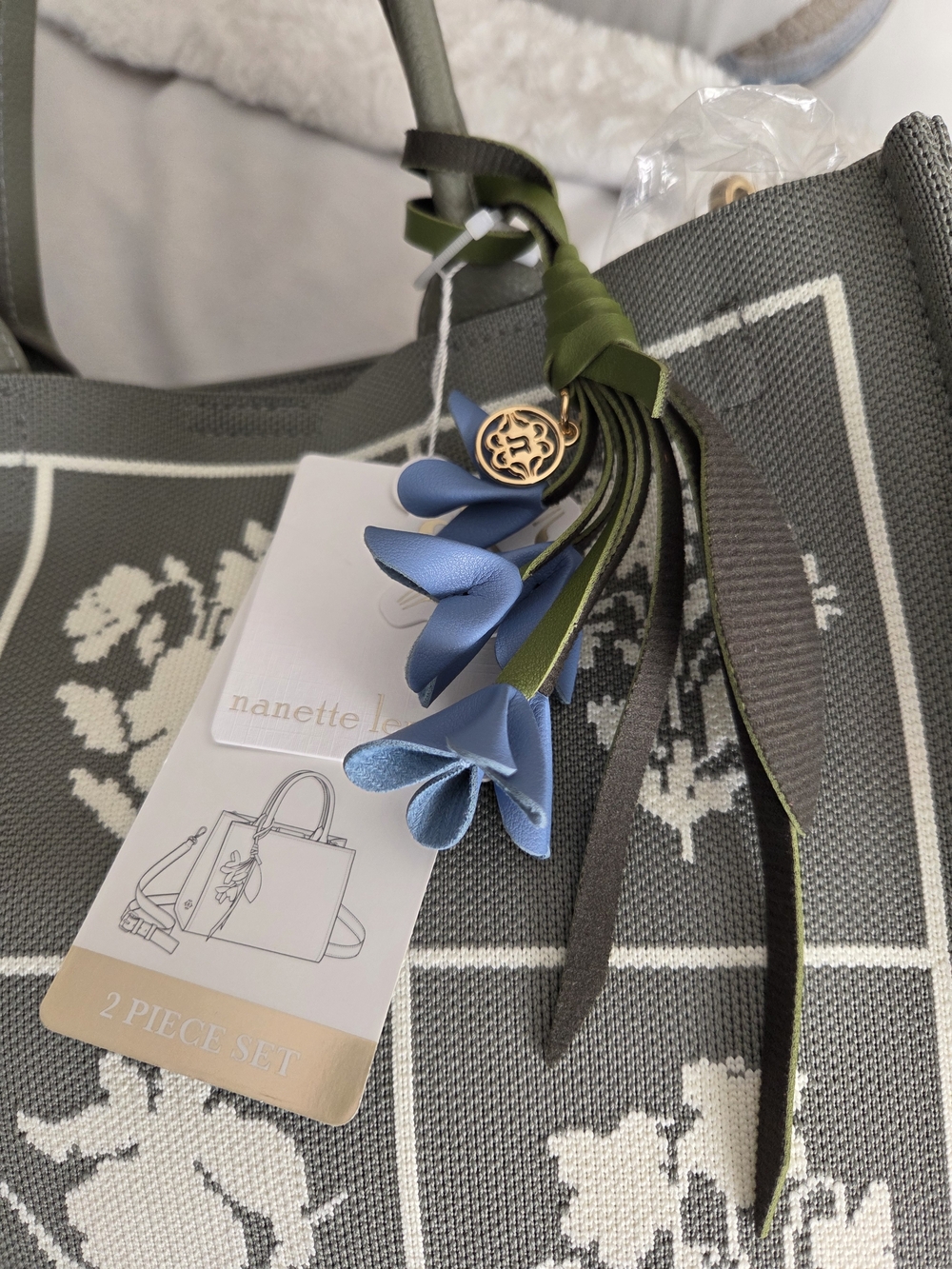 Nanette Lepore Gray Tote with White Floral Grid and Blue Charm - Picture 4 of 4